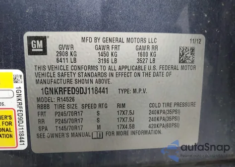 2013 Chevrolet Traverse Ls z USA, uszkodzony, nr VIN 1GNKRFED9DJ118441